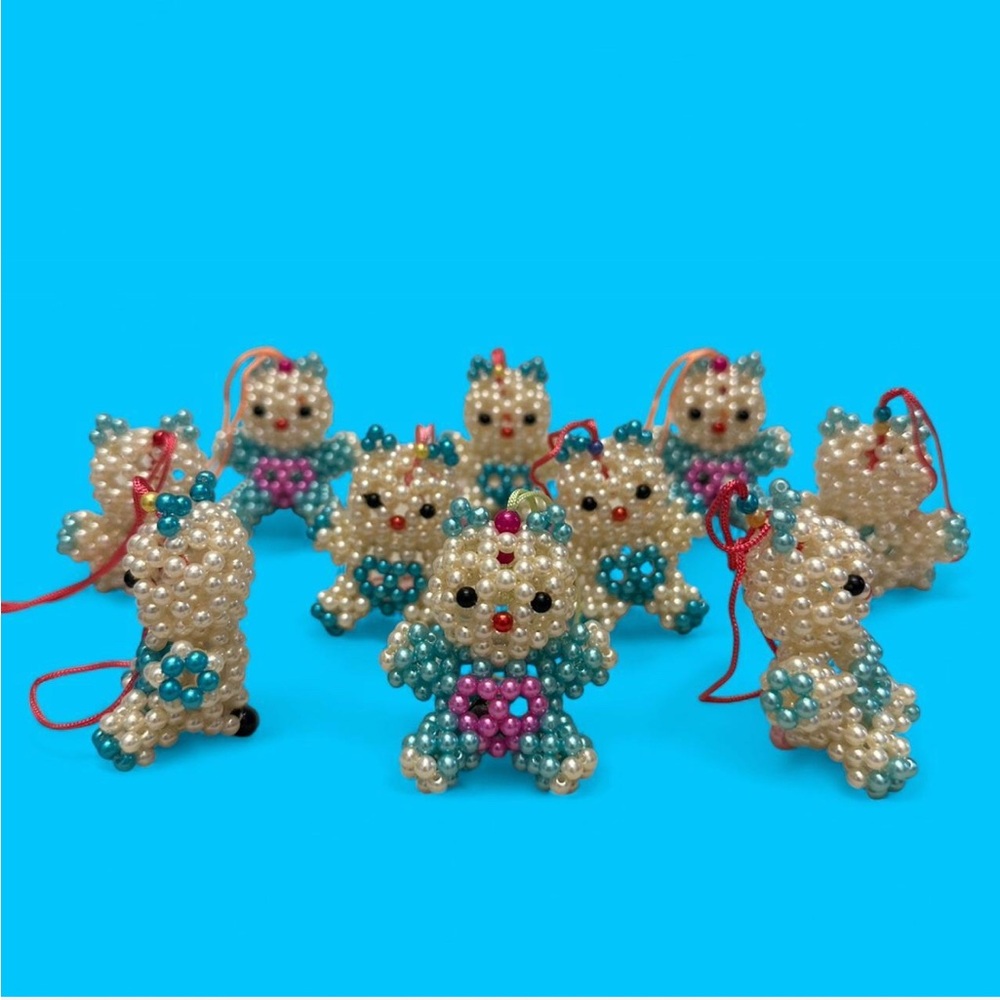 10 Blue Beaded Bear Ornaments – Handmade Xmas Tree Decor